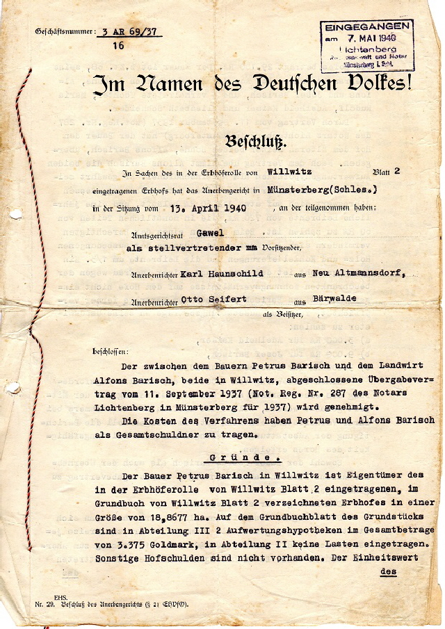 Genehmigung des bergabevertrages des Gut in Willwitz von 1937