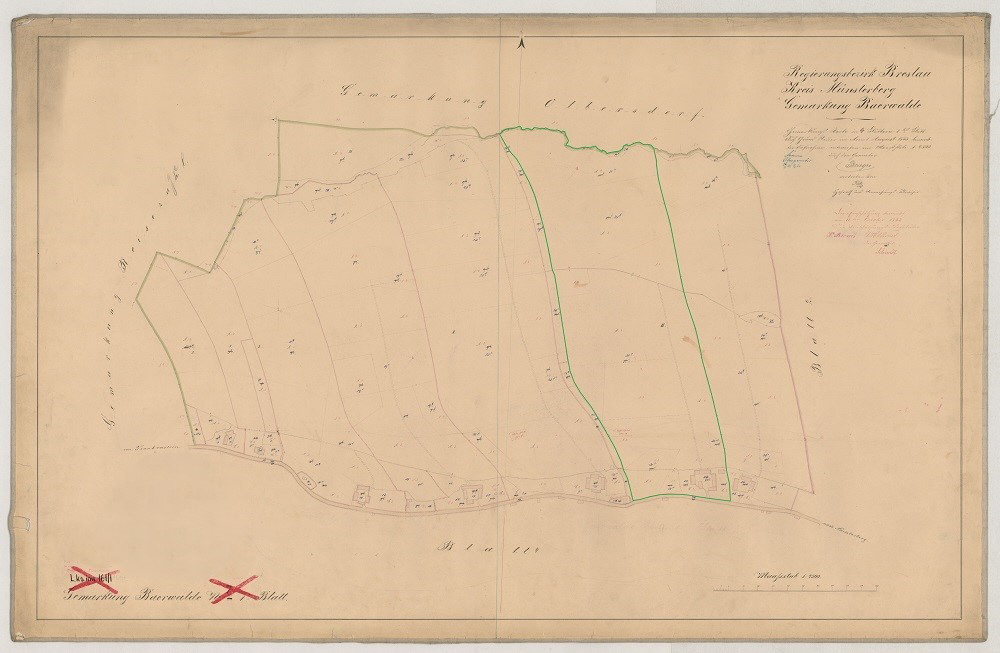 Das Barisch Gut Nr. 4 im Jahr 1863 (grün markiert ist hier die ursprüngliche Größe von 1620 mit 1 Hufe, 4 Ruthen) Das Barisch Gut Nr. 4 im Jahr 1863 (grün markiert ist hier die ursprüngliche Größe von 1620 mit 1 Hufe, 4 Ruthen)