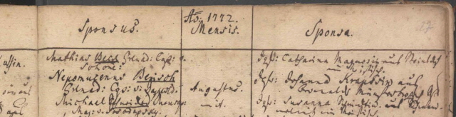 Eintrag der Trauunga auch im Regiementskirchenbuch 1772 in Neiße. Eintrag der Trauunga auch im Regiementskirchenbuch 1772 in Neiße.